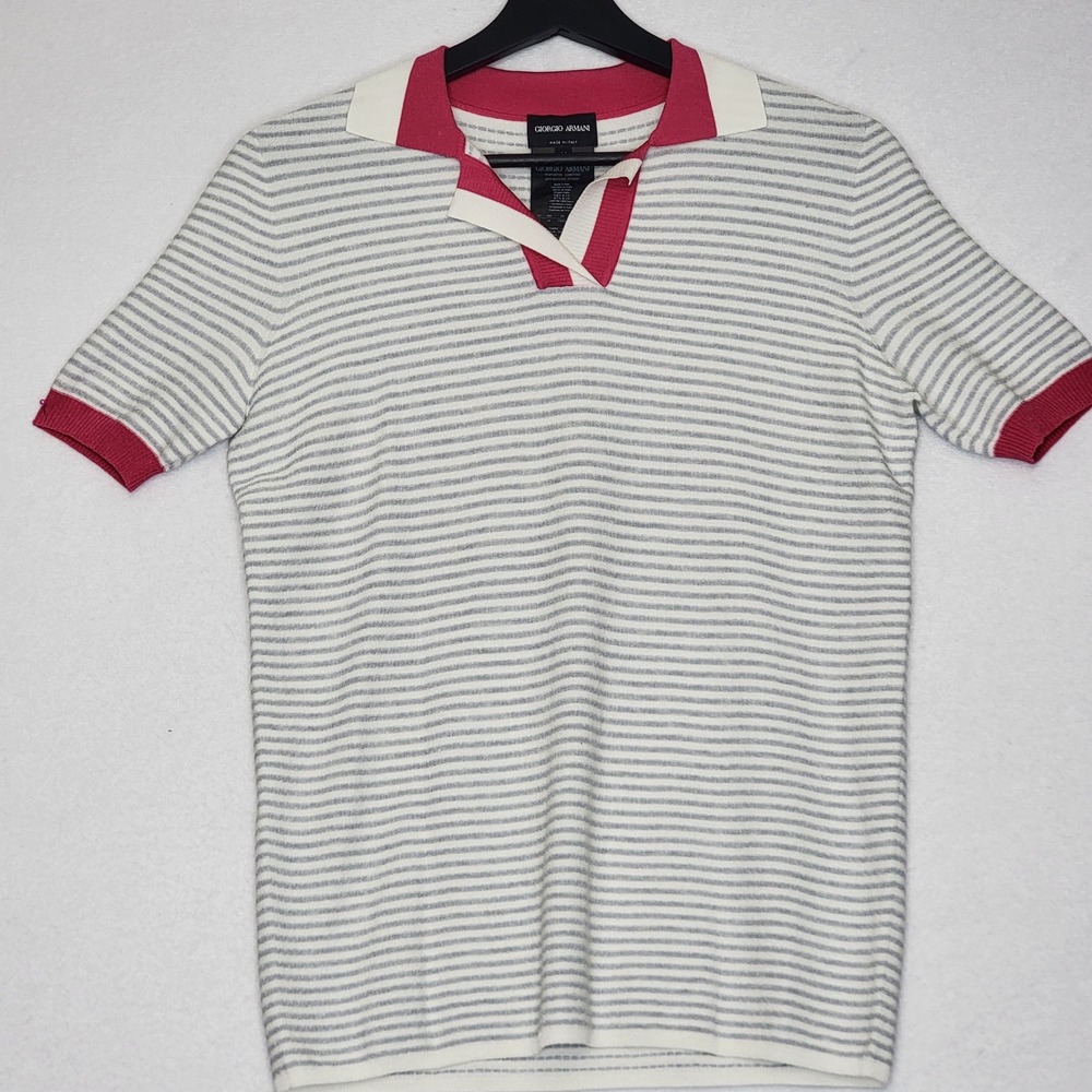 Giorgio Armani Mens Striped Knit Polo Shirt Pink Grey White Made in Italy Sz 44
